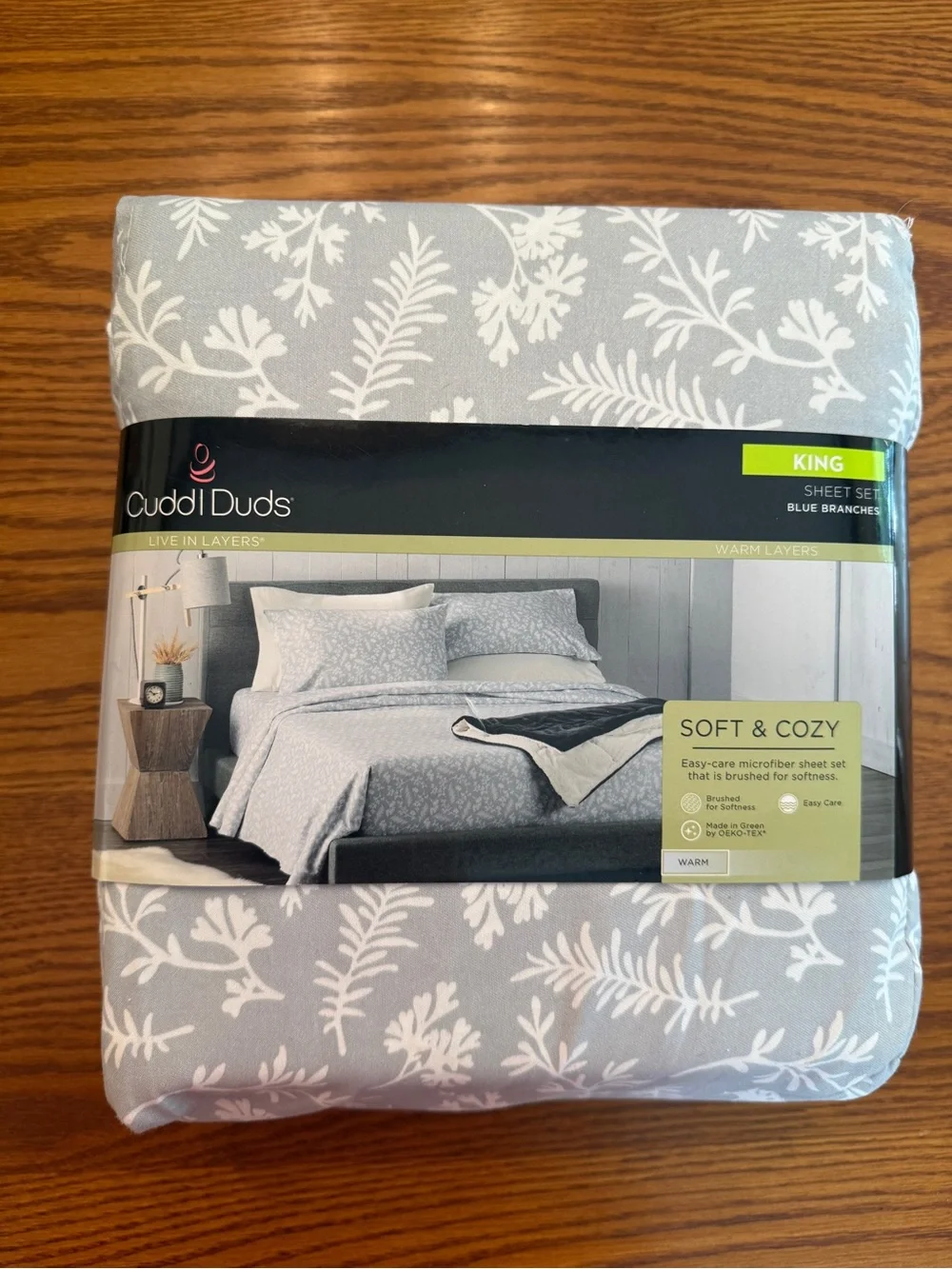 Cuddl Duds King Sheet Set - Blue Branches Light Blue and White Botanical Print